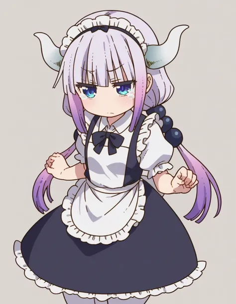 zPDXL, score_9, score_8_up, score_7_up, source_anime, (portrait),  <lora:KobayashiDragonPack:1> drgmd, 1girl, solo,
kanna kamui, petite, plump, purple hair, long hair, low twintails, blue eyes , maid-outfit, (white-pantyhose), mary-janes, maid-headdress, m...