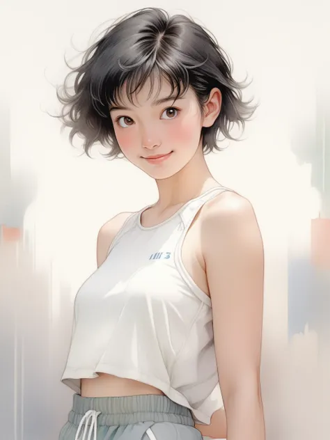 Ink pastel,front view,half portrait with waist up,a beautiful 20-year-old girl with neat short black hair,round eyes,cute,shy smile,designer sports shorts,comic illustration,attractive,revival mural,Antonio Boraiolo style,Yoshitaka Amano style,
Miho Hirano...