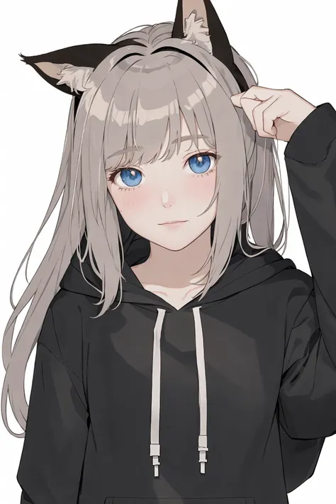 1girl,solo,animal ears,long hair,blue eyes,simple background,white background,hood,upper body,looking at viewer,closed mouth,hood down,hoodie,bangs,black hoodie,long sleeves,sleeves past wrists,cat ears,brown hair,hand up,grey hair,blush,extra ears,animal ...