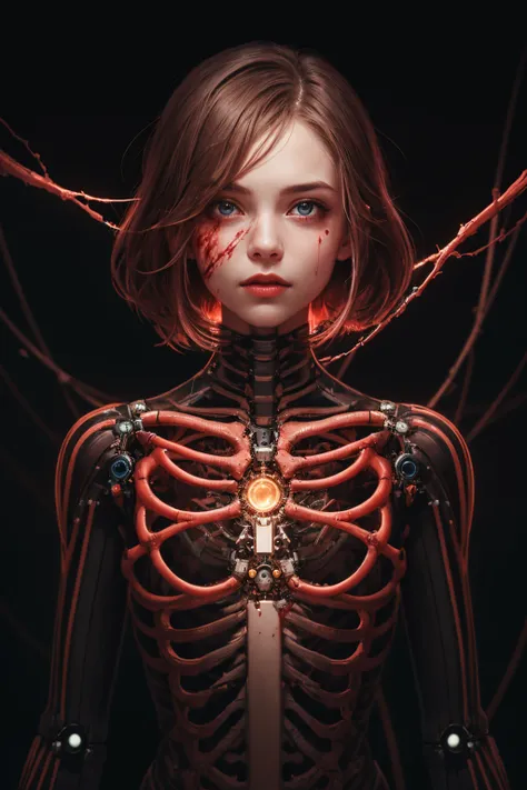 1mechanical girl, portrait, blood vessels connecting to tubes, ribcage sunshyne, (bladerunner:0.6)