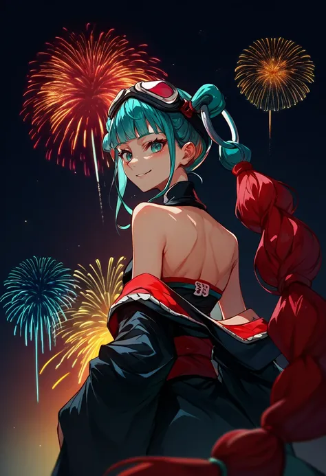 score_9, score_8_up, score_7_up, source_anime, from behind, solo, 1girl, magicalmiku2023, smile, looking back, twintails, streaked hair, aqua hair, red hair, detached hair, braid, goggles on head, black kimono, off shoulder, red sash, bare shoulders, firew...