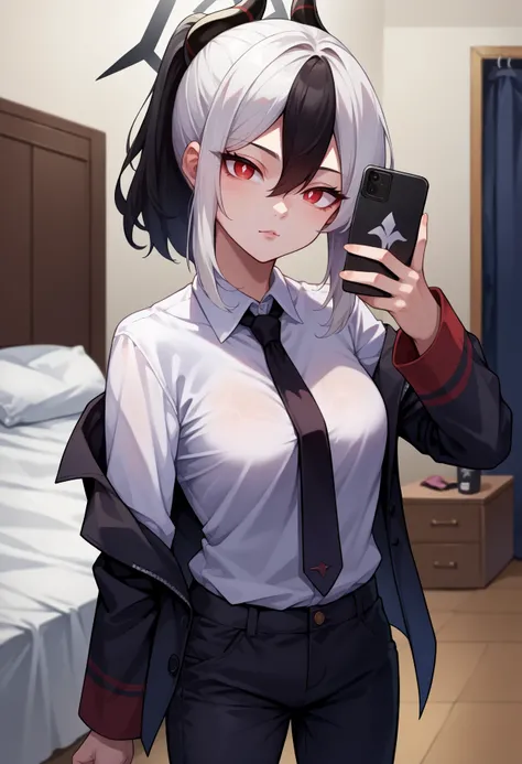 score_9, score_8_up,score_7_up, source_anime, 1girl, solo, <lora:EPbaKayoko:1>, EPbaKayoko, red eyes, white pupils, medium hair, ponytail, streaked hair, black hair, white hair, sidelocks, hair between eyes, horns, halo,  business suit, black pants, white ...