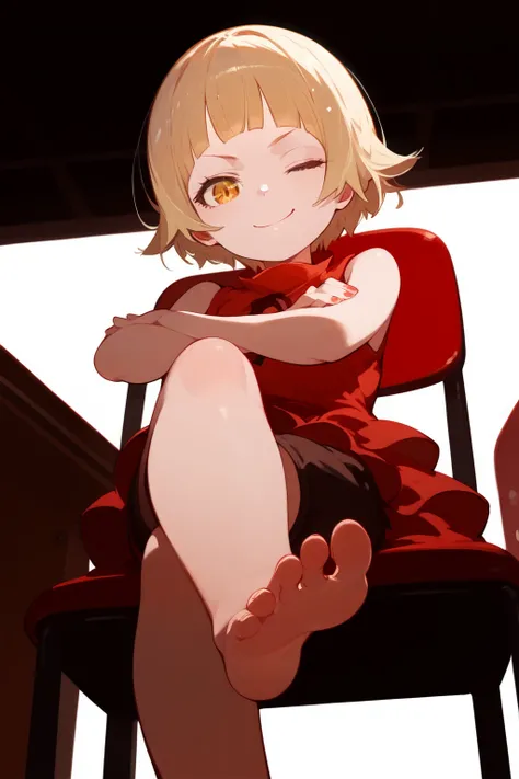 (score_9,score_8_up,score_7_up,),<lora:shinobu short hair>,shinobu,blunt bangs,red dress,blonde hair,short hair,barefoot,yellow eyes,shorts,sleeveless,from_below,evil smile,on chair,crossed arms,crossed_legs,one eye closed,foot focus,