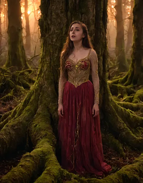 Fiorella Castagna, a woman clad in an otherworldly gown, stands defiantly on the moss-covered roots of an ancient tree within the ethereal twilight of an enchanted forest, her golden tendrils cascading around her as she gazes out into the fading crimson sk...