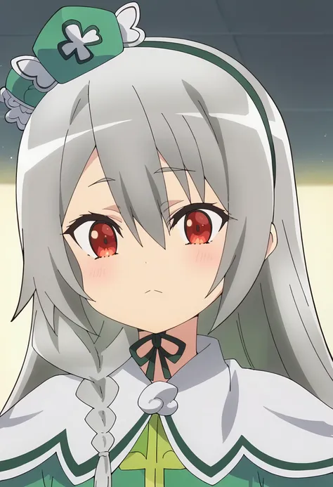 <lora:Maidena:0.9>  maidena, grey hair, long hair, 1girl, red eyes, solo, hair between eyes, braid,        , green dress, red eyes,  capelet, green hairband,  long sleeves, hair ornament,mini hat, looking at viewer, portrait, score_9, score_7_up,anime colo...