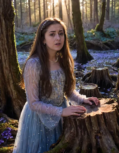 Fiorella Castagna, a lone girl with cascading brown hair and tear-streaked cheeks, stands resolute on a gnarled tree stump amidst an ethereal forest of bioluminescent sea anemones. Her iridescent attire, adorned with pearls, shimmers in the fading sunlight...