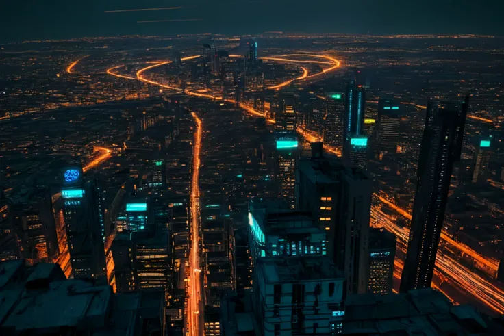 dystopian city, evening light,  neon lighting,  winding light trails,  sunshyne, bladerunner, light contrast , from above