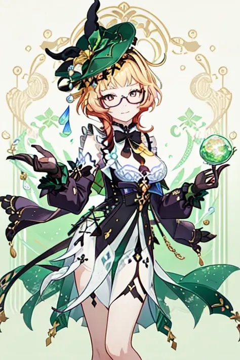 <lora:emilie_(genshin_impact)_v1:1>,looking_at_viewer, black_bowtie, emilie_(genshin_impact), long_sleeves, sleeveless_shirt, vision_(genshin_impact), black_gloves, solo, official_art, smile, medium_breasts, black_ribbon, 1girl, side_slit, bare_shoulders, ...