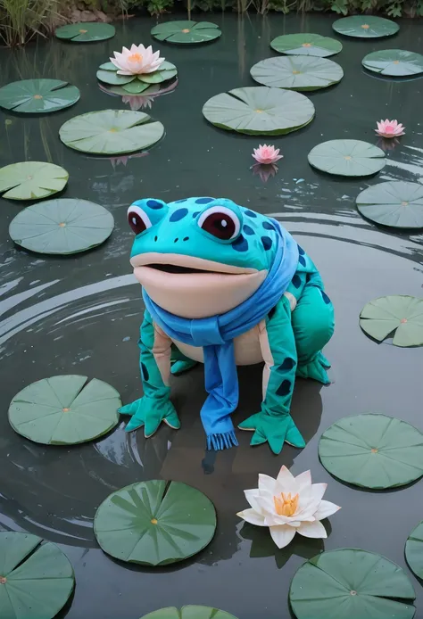 score_9,score_8_up,score_7_up,8k,hd,full body,,ruanyi0642,animal costume,blue scarf,frog,all fours,pond,lily pad,water lily flower,willow,<lora:0642 frog animal costume_v1_pony:0.9>