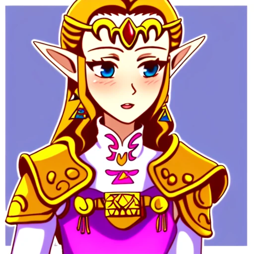 Ocarina of Time Zelda, orange hair, long hair, blue eyes, pointy ears, pink princess dress, triforce, gold triforce earrings, gold pauldrons, gold belt, gold and ruby circlet