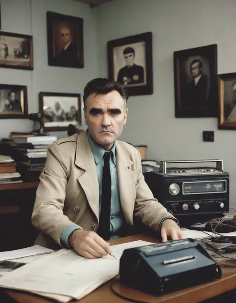 portrait of Morrissey as a small country dictator at his ramshackle desk with a radio microphone in a large bright office