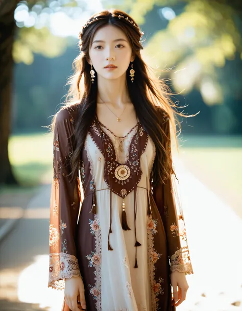 best quality, masterpiece, bohoai hinaigirl, 
raw photo of a woman in floral long lace dress which often for ornate details and floral symbols, flowing long brown hair cascading over her shoulders,
middle distance shot taken by long range lens, high key li...