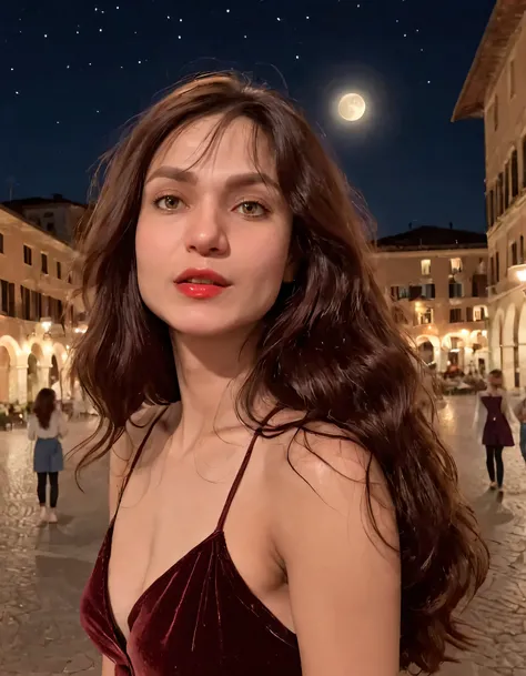 Kamila, the enchanting girl with red lips, dark brown eyes, and long, wavy chocolate-hued hair, stands in a dimly-lit Italian piazza beneath the soft glow of the waning crescent moon. Her gaze is locked onto an unseen distance, her parted lips curled into ...