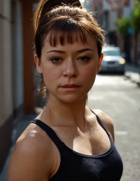 high resolution raw dslr full body shot photo of tatms,a woman,ponytail with bangs,front view,in street,looking at viewer,illuminated from behind,realistic skin texture,pores,sunny,sweaty skin,cinematic,depth of field,masterpiece,volumetric lighting,cinema...