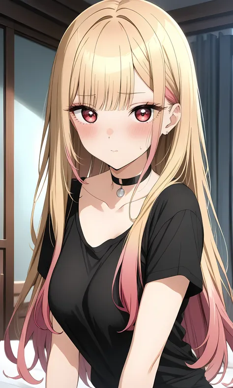 (masterpiece, best quality, very aesthetic, ultra detailed, many details), 1girl, solo, blonde hair, long hair, shirt, choker, blush, multicolored hair, jewelry, black shirt, gradient hair, looking at viewer, black choker, upper body, bangs, red eyes, shor...