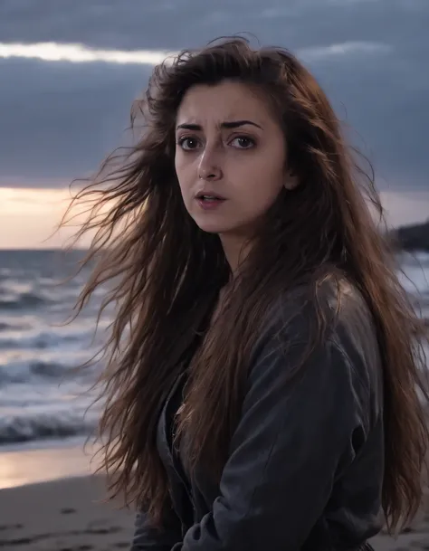 Fiorella Castagna, a solitary figure with long, wild hair and a haunting expression, stands defiantly on a windswept beach at twilight, gazing intensely into the distance as if daring fate itself to challenge her resolve. A single silver tear trickles down...