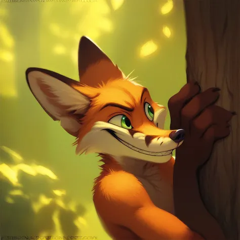 score_9, score_8_up, score_7_up, source_furry, rating_safe, by kenket, anthro, solo, male, fox, green eyes, leaning against tree, grin,