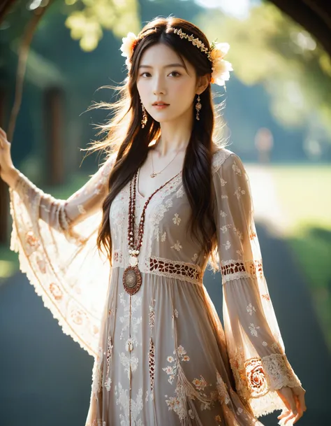 best quality, masterpiece, bohoai hinaigirl, 
raw photo of a woman in floral long lace dress which often for ornate details and floral symbols, flowing long brown hair cascading over her shoulders,
middle distance shot taken by long range lens, high key li...