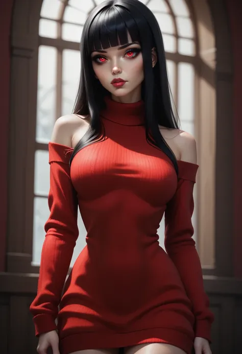score_9, score_8_up, score_7_up, 1girl, solo, sexy sweater dress, red dress, long sleeves, bare shoulders, <lora:Dark_Ruby_Pony_v0.2:0.5> d4rk_ru8y, black hair, blunt bangs, red eyes,