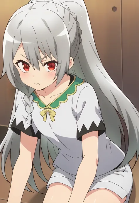 <lora:Maidena:0.9>  maidena, grey hair, long hair, 1girl, red eyes, solo, hair between eyes, braid,        white shirt, white shorts, ponytail, looking at viewer, pouting, score_9, score_7_up,anime coloring ,source_anime, anime