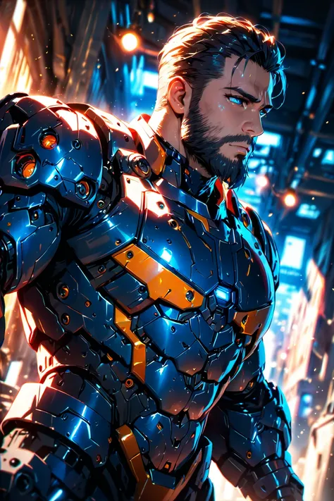 Portrait photo of muscular bearded guy in a worn mech suit, ((light bokeh)), intricate, (steel metal [rust]), elegant, sharp focus, photo by greg rutkowski, soft lighting, vibrant colors, (masterpiece), ((streets)), (detailed face:1.2), (glowing blue eyes:...