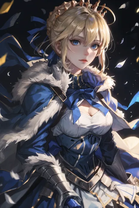 1girl, artoria pendragon (fate), armor, crown, blonde hair, sidelocks, solo, fur trim, braid, looking at viewer, bangs, saber, cape, closed mouth, blue cape, blurry, breastplate, armored dress, confetti, ahoge, french braid, upper body, green eyes, hair be...