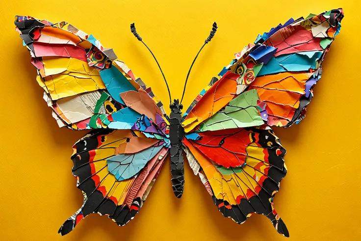 A vibrant butterfly made up of various colored paper fragments, predominantly against a bright yellow background. The butterflys wings are intricately crafted from these paper pieces, displaying a myriad of colors and textual elements. The body and antenna...