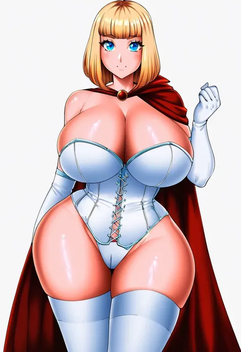 score_9, score_8_up, score_8, source_cartoon, 1girl, DoompyPomp (Artist), @DoompyPomp, large sagging cleavage, wide hips, shiny skin, huge breasts, corset, thigh highs, cape, bare shoulders, elbow gloves, BREAK  blonde hair, shoulder-length cut,  blue eyes...