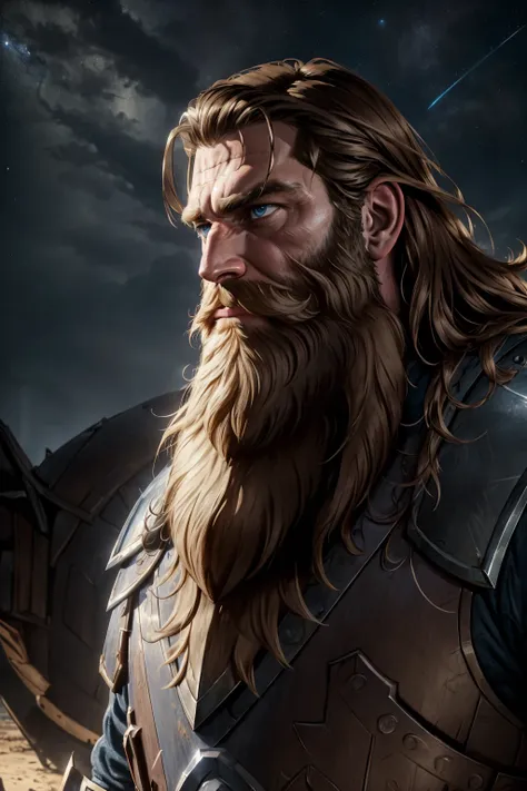 comic style, professional, 4k, highly detailed, ((masterpiece)), cinematic lighting, UHD, HDR, best quality, looking at viewer, 1 man, ((large beard, blue eyes)), cowboy shot, (((heavily inspired by high fantasy style art))), ((wearing bulky paladin armor)...