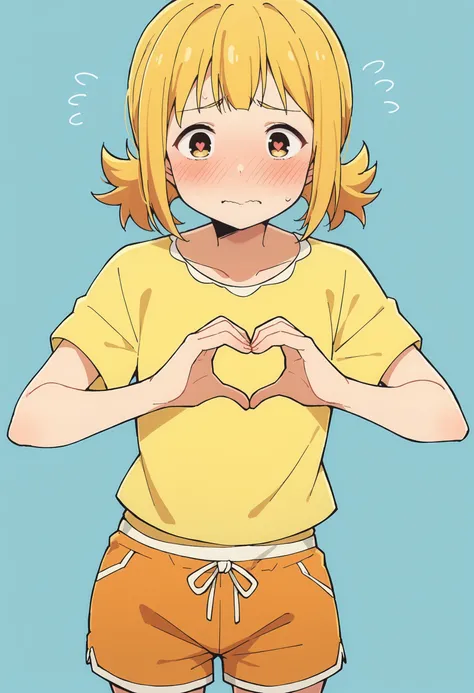 score_9, score_8_up, score_8, source_anime, 1girl, <lora:SakiKise:0.8> solo, blonde hair, short twintails, bangs, yellow eyes, shorts, orange shorts, shirt, yellow shirt, short sleeves, blush, embarrassed, heart hands, heart pupils, 
light blue background,...