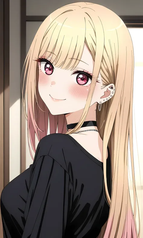 (masterpiece, best quality, very aesthetic, ultra detailed, many details), Kitakitagawa marin, 1girl, solo, smile, piercing, ear piercing, long hair, looking at viewer, earrings, jewelry, blush, blonde hair, barbell piercing, bangs, red eyes, closed mouth,...