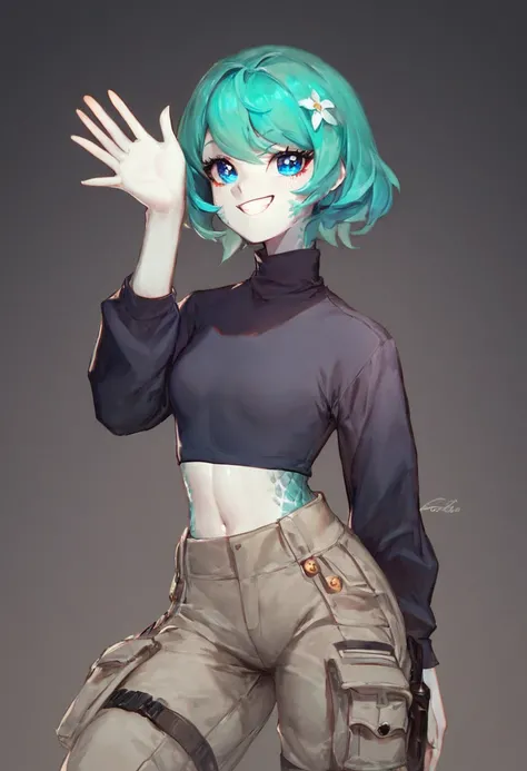 score_9, score_8_up, score_8, small breasts, cute, eyelashes,
1girl, pure white lizard skin, ((pure white pale skin,)) short cyan hair, navy turtleneck, grey cargo trousers, waving to the camera, looking right, slight midriff, smiling, smug, looking at vie...