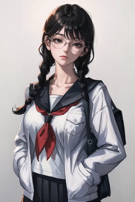 1girl,solo,glasses,school uniform,braid,black hair,bag,twin braids,serafuku,long hair,breasts,school bag,neckerchief,black-framed eyewear,black eyes,red neckerchief,white background,looking at viewer,jimiko,simple background,closed mouth,upper body,bangs,c...