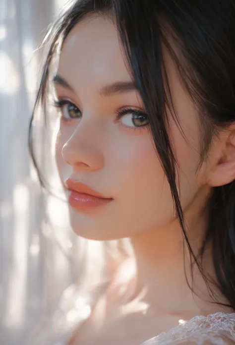 Close-up details, realistic style photo Japanese young woman, black hair, long hair, outstanding style, tall, cute, in her teens. Use soft lighting to cast gentle shadows on the subject, adding a touch of dimension to your images without compromising detai...