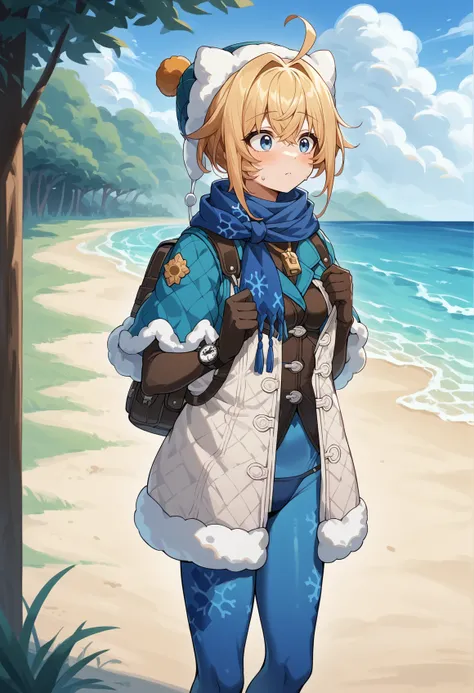 1girl, solo, blonde hair, short hair, ahoge, blue eyes, fur-trimmed capelet, scarf, winter clothes, sweater, fur trim, white vest, blue pantyhose, wristwatch, black elbow gloves, long sleeves, hat, pendant, whistle, snowflake print, thigh_holster , standin...