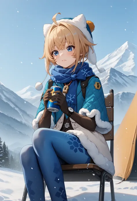 1girl, solo, blonde hair, short hair, ahoge, blue eyes, fur-trimmed capelet, scarf, winter clothes, sweater, fur trim, white vest, blue pantyhose, wristwatch, black elbow gloves, long sleeves, hat, pendant, whistle, snowflake print, thigh_holster , holding...