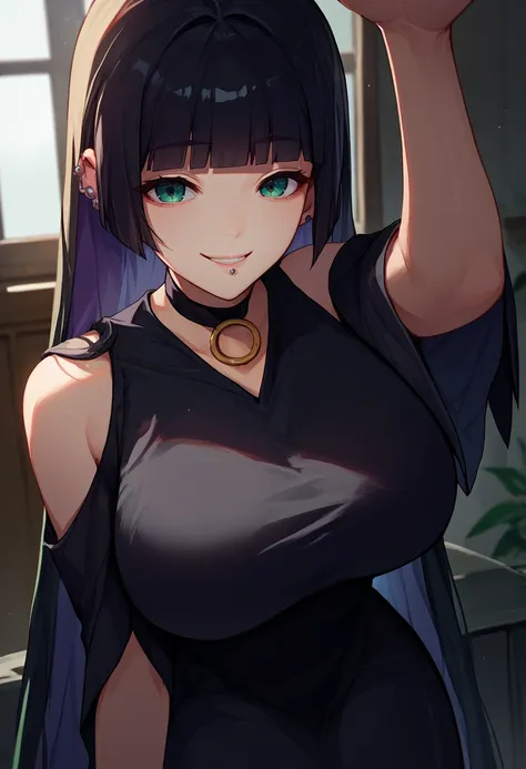 score_9, score_8_up, score_7_up, source_anime, solo, 1girl, pasan, smile, looking at viewer, incoming headpat, arm up, large breasts, ear piercing, chin piercing, hime cut, choker, black dress, shoulder cutout, indoors <lora:Hoseki_BTR_Pasan_PDXL_v1:1> <lo...