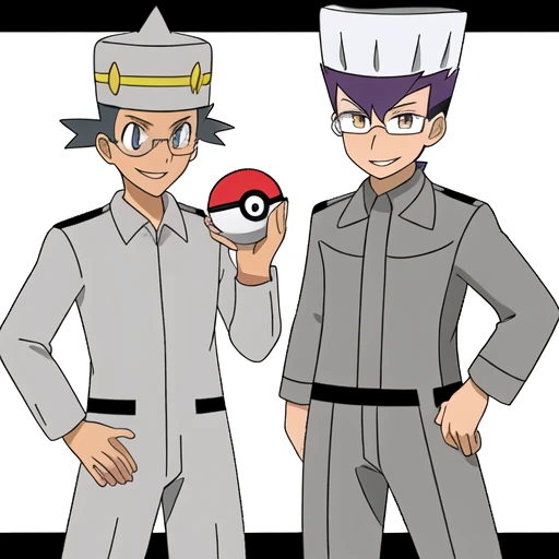 glasses, white cap, grey onesuit, black spiky hair, pokeball