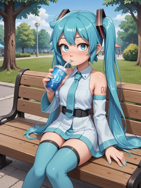 score_9, score_8_up, score_7_up
solo, 1women, hatsune miku, sitting on a park bench, detached sleeves, thighhighs, drinking a juice