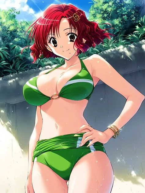 score_9, score_8_up, score_7_up, source_anime, rating_explicit, BREAK  <lora:Wakai_Misaki_XL:1>
WakaiMisaki, red hair, short hair, braid, brown eyes, hair ornament, jewelry,  mole under mouth,　large breasts,
 swim suit, green bikini, outdoors, hand on hip,...