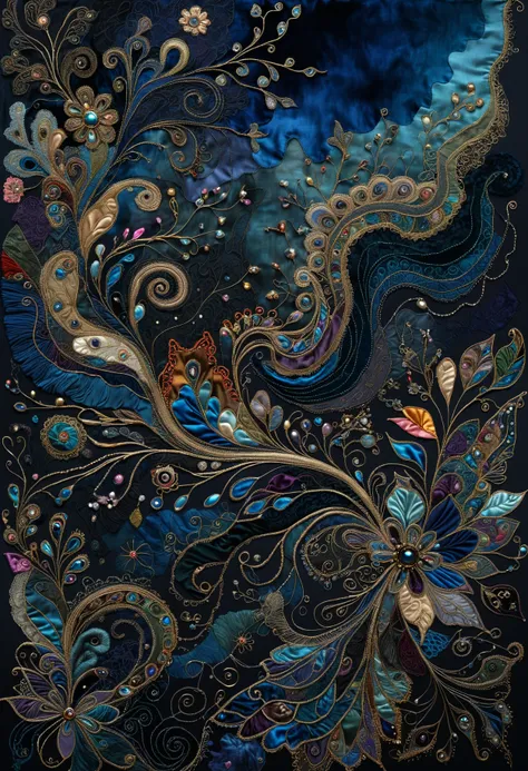 Surrealism, In art technique Frottage, an intricate abstract pattern created from small pieces of various fabrics such as silk, velvet, lace, brocade, , Calm dark harmonious hues, fine texture, perfect composition, insanely detailed, best quality,  <lora:W...