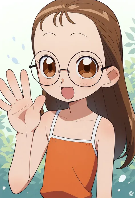 score_9, score_8_up, score_7_up, source anime, 1girl,solo, petite, forehead,  brown hair, side bang, long hair, glasses, brown eyes, smile, DOREMI, open mouth,  flat chest, upper body, looking at viewer, bare shoulder, waving at viewer, hazuki fujiwara fro...