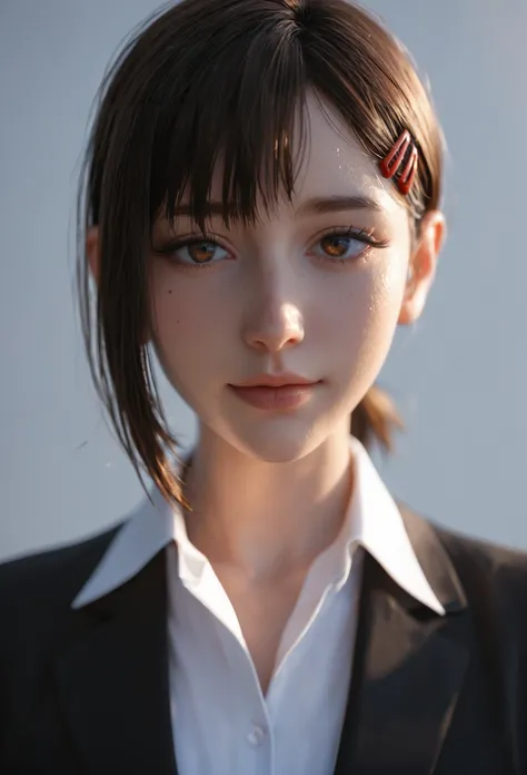 A cute girl realistic, Kobeni Higashiyama from chainsaw man,brown short ponytail with bangs/a shoulder-length hair strand hanging on the right side, two red hair clips on the left side ,brown eyes , moles on her face; two under her left eye, one on the low...