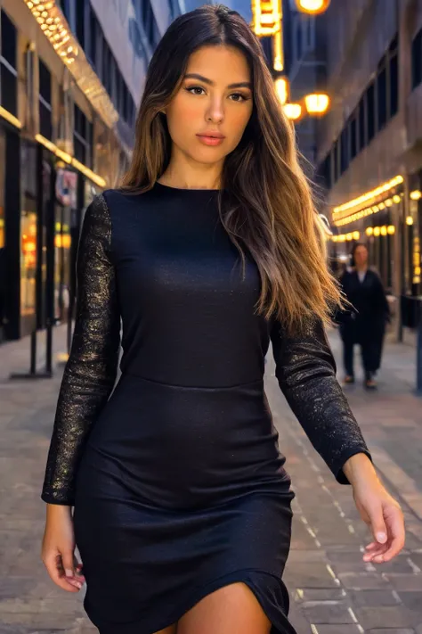 <lora:SC-Daniela_Lanio:0.85>, photo of d4n1l4n10, (cowboy shot:1.2), detailed background, black dress, walking at the city streets, night, epiCRealism