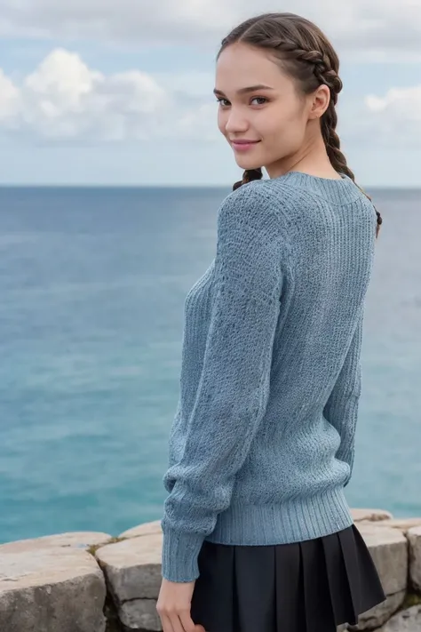 photo of S435_AnastasiaBella,a stunning woman,in an (archipelago:1.1),wearing a (sweater),(skirt),(braids),(4k, RAW photo, best quality, 50mm, depth of field, ultra high res:1.1),(intricate, photorealistic, cinematic-shot, masterpiece, ultra-detailed:1.1),