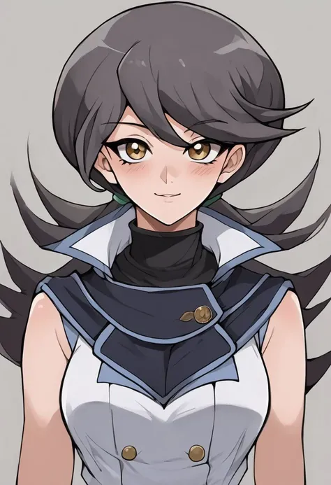 1girl, anime artwork, 2d art, (lora:Momoe:1.5), grey background, (3/4 body:1.5), (front view:1.2), dark grey hair color, (seductive pose:1.5), nsfw,