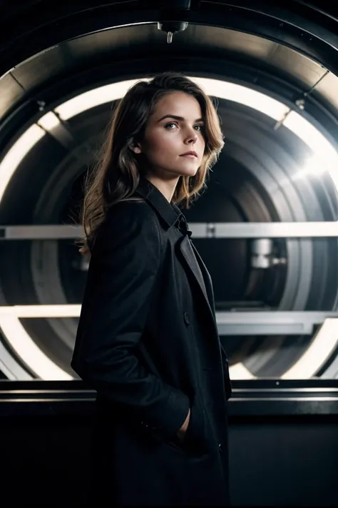 photo of K3r1Russ3ll_HM-135, a woman, perfect hair, (modern photo), wearing black jeans, black button-up shirt, wool coat, 50mm medium telephoto (analog, cinematic, film grain:1.3), Martian Agricultural Dome, Dome with hydroponic farms and advanced cultiva...