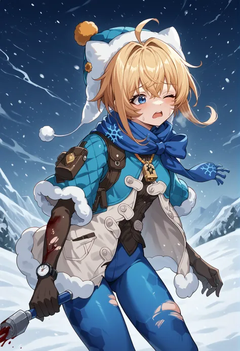 1girl, solo, blonde hair, short hair, ahoge, blue eyes, fur-trimmed capelet, scarf, winter clothes, sweater, fur trim, white vest, blue pantyhose, wristwatch, black elbow gloves, long sleeves, hat, pendant, whistle, snowflake print, thigh_holster, torn clo...