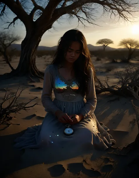 In the heart of a desolate, sun-scorched desert at dusk, Keiani, a woman clad in a gown made entirely of shimmering crystal beads that catch the dying light in a mesmerizing display of iridescence, stands alone under the skeletal branches of a dying tree. ...