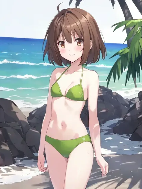 2D, score_9, source_anime, 1girl, solo, saorikohinataps, small breasts, brown hair, short hair, brown eyes, green bikini, outdoors, beach, smile, blush, cowboy shot  <lora:prismshirleyXL:1>